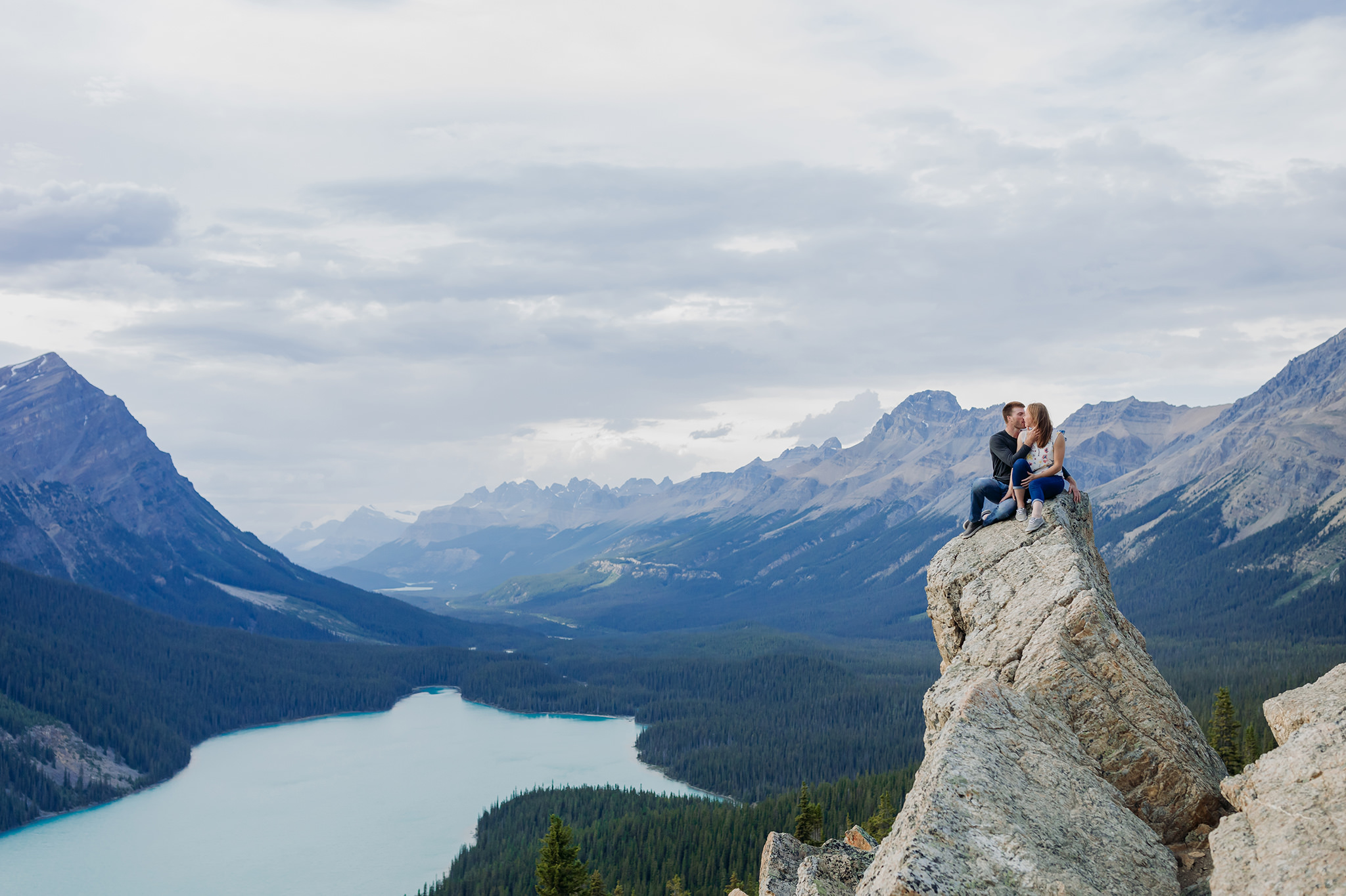 adventurous Peyto Lake casual engagement photography session at Bow Summit along Icefields Parkway in Banff National Park photographed by local engagement & elopement photographer ENV Photography