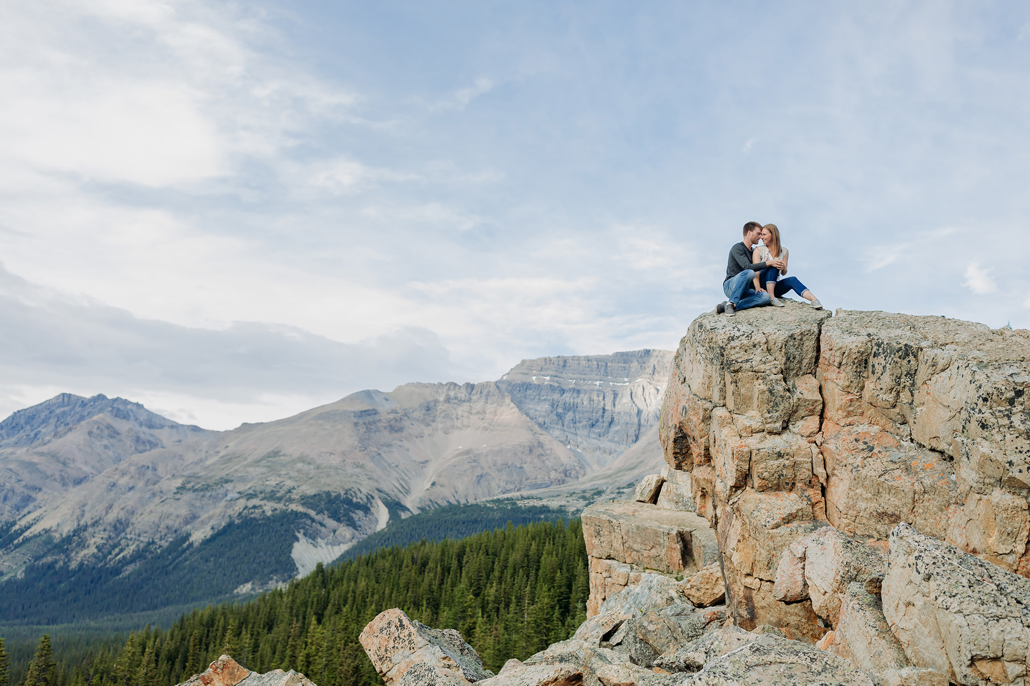 adventurous Peyto Lake casual engagement photography session at Bow Summit along Icefields Parkway in Banff National Park photographed by local engagement & elopement photographer ENV Photography