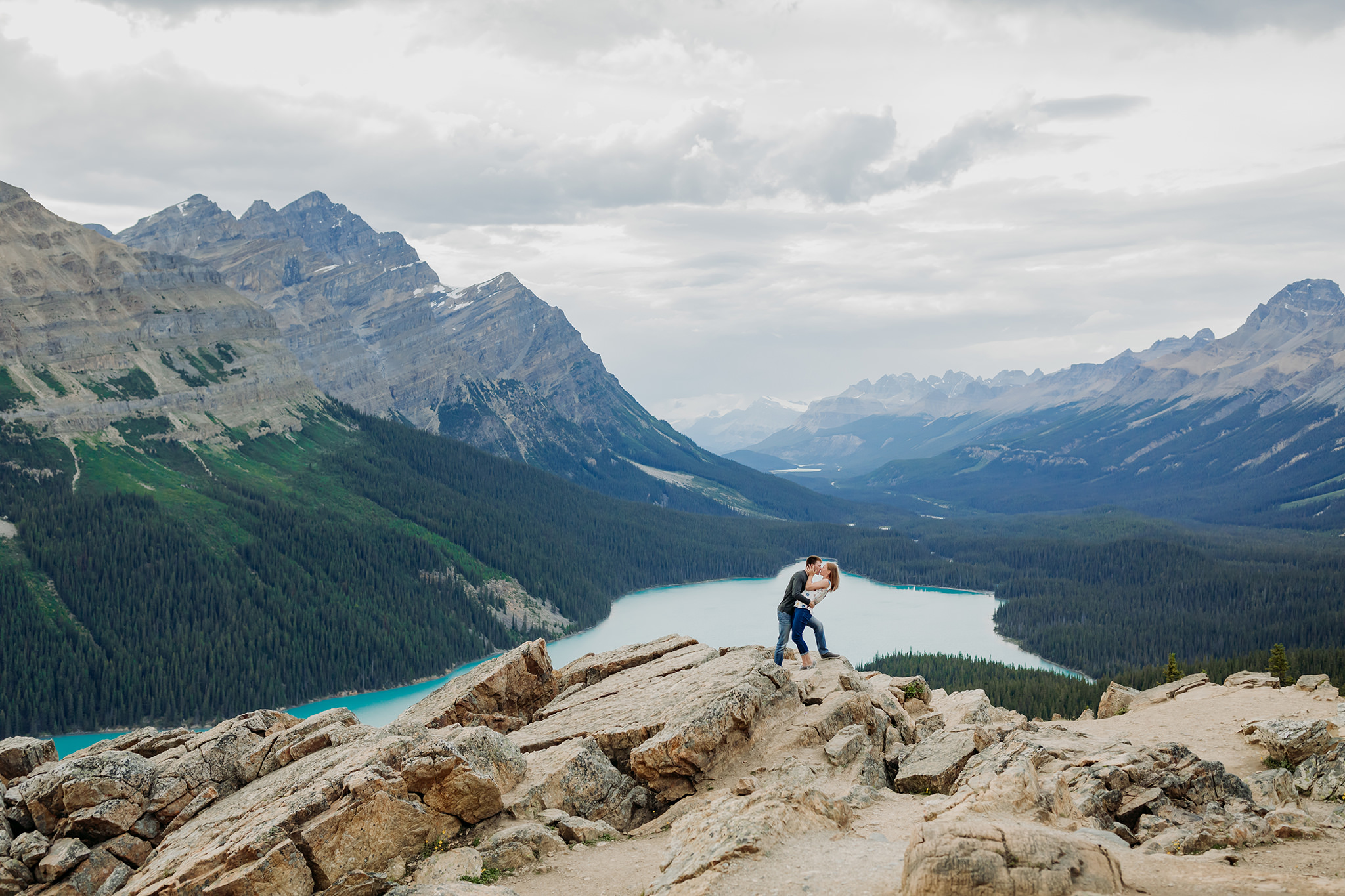 Peyto Lake casual engagement photography session at Bow Summit along Icefields Parkway in Banff National Park photographed by local engagement & elopement photographer ENV Photography