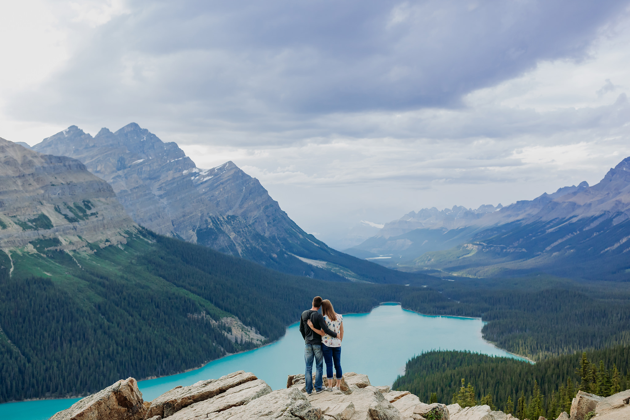 Peyto Lake casual engagement photography session at Bow Summit along Icefields Parkway in Banff National Park photographed by local engagement & elopement photographer ENV Photography