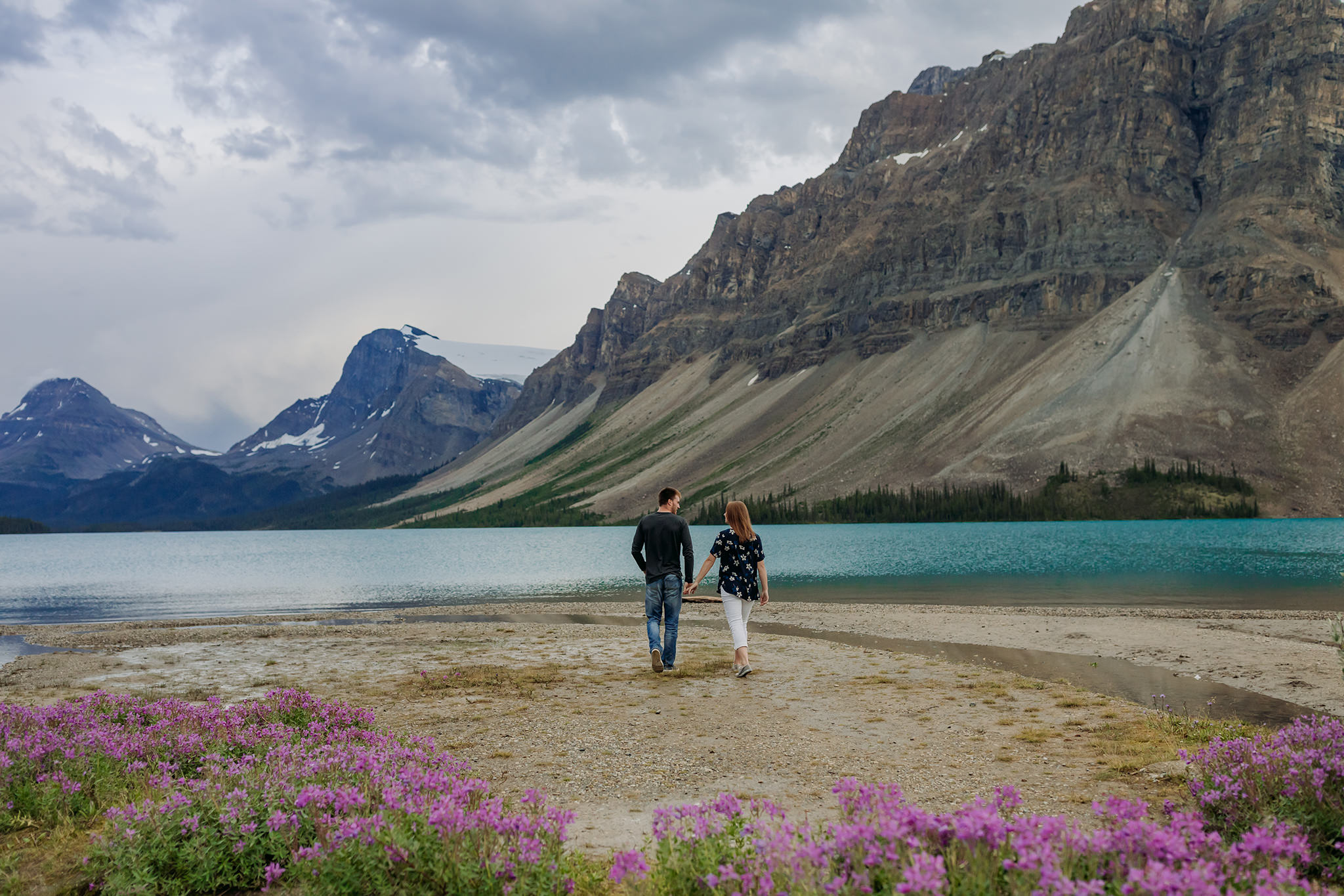 Bow Lake summer couples photography session along Icefields Parkway in Banff National Park photographed by local wedding & elopement photographer ENV Photography