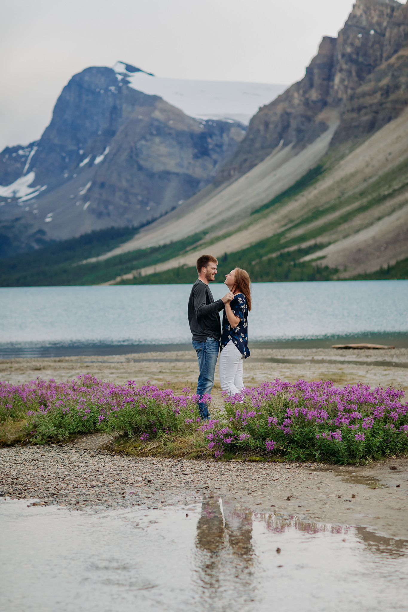 Bow Lake summer couples photography session along Icefields Parkway in Banff National Park photographed by local wedding & elopement photographer ENV Photography