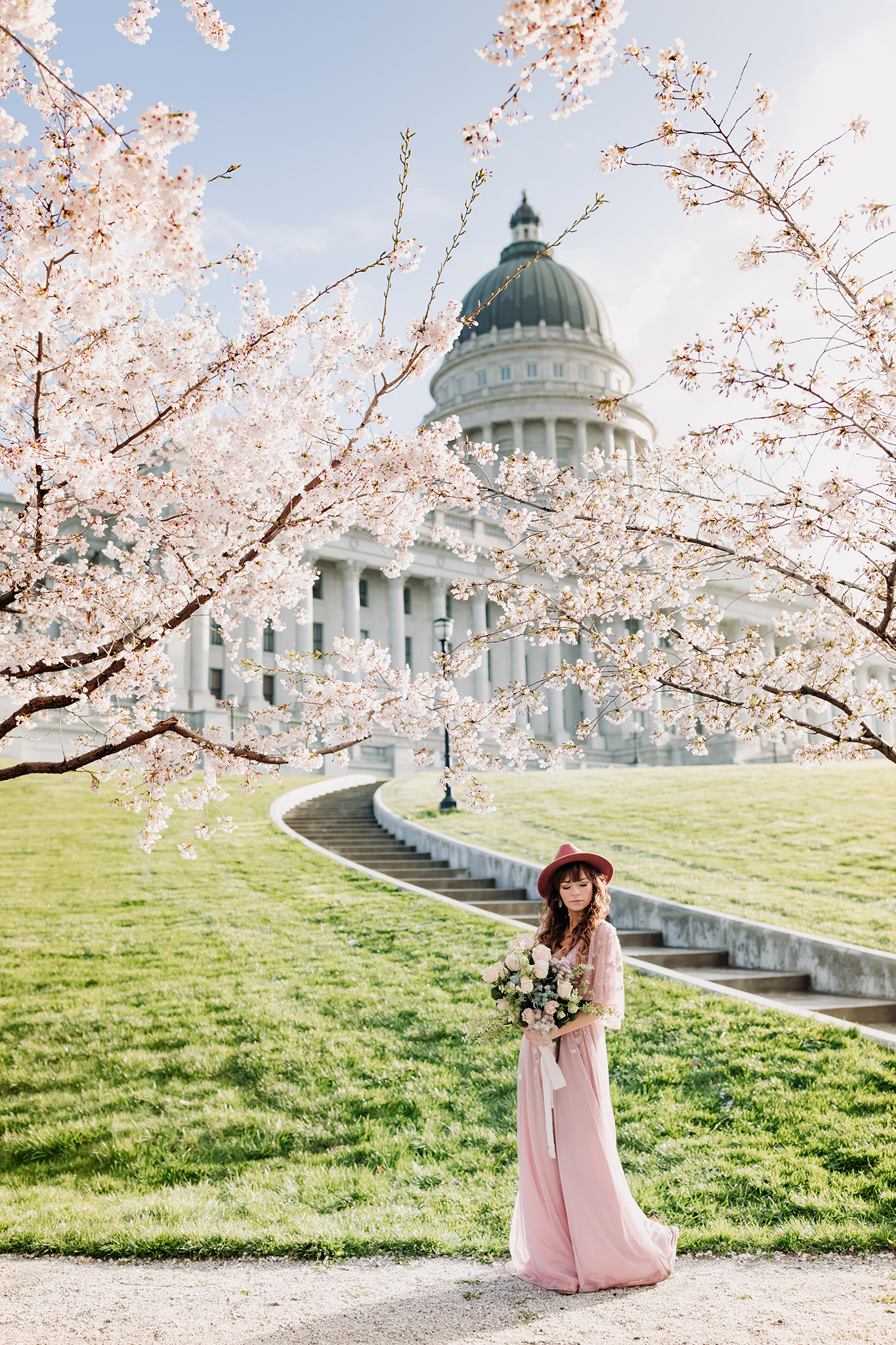 Utah State Capitol Cherry Blossoms photo shoot in Salt Lake City, Utah in spring.
