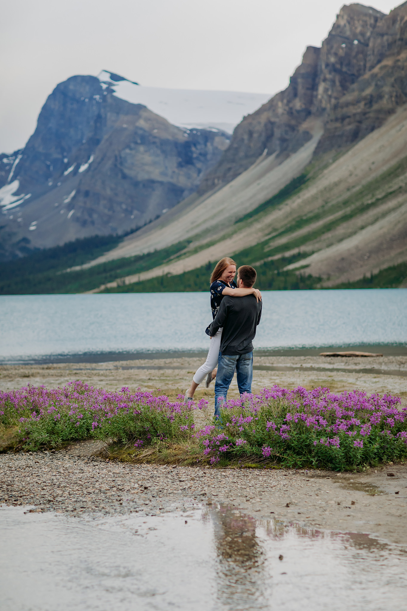 Bow Lake summer couples photography session along Icefields Parkway in Banff National Park photographed by local engagement & elopement photographer ENV Photography