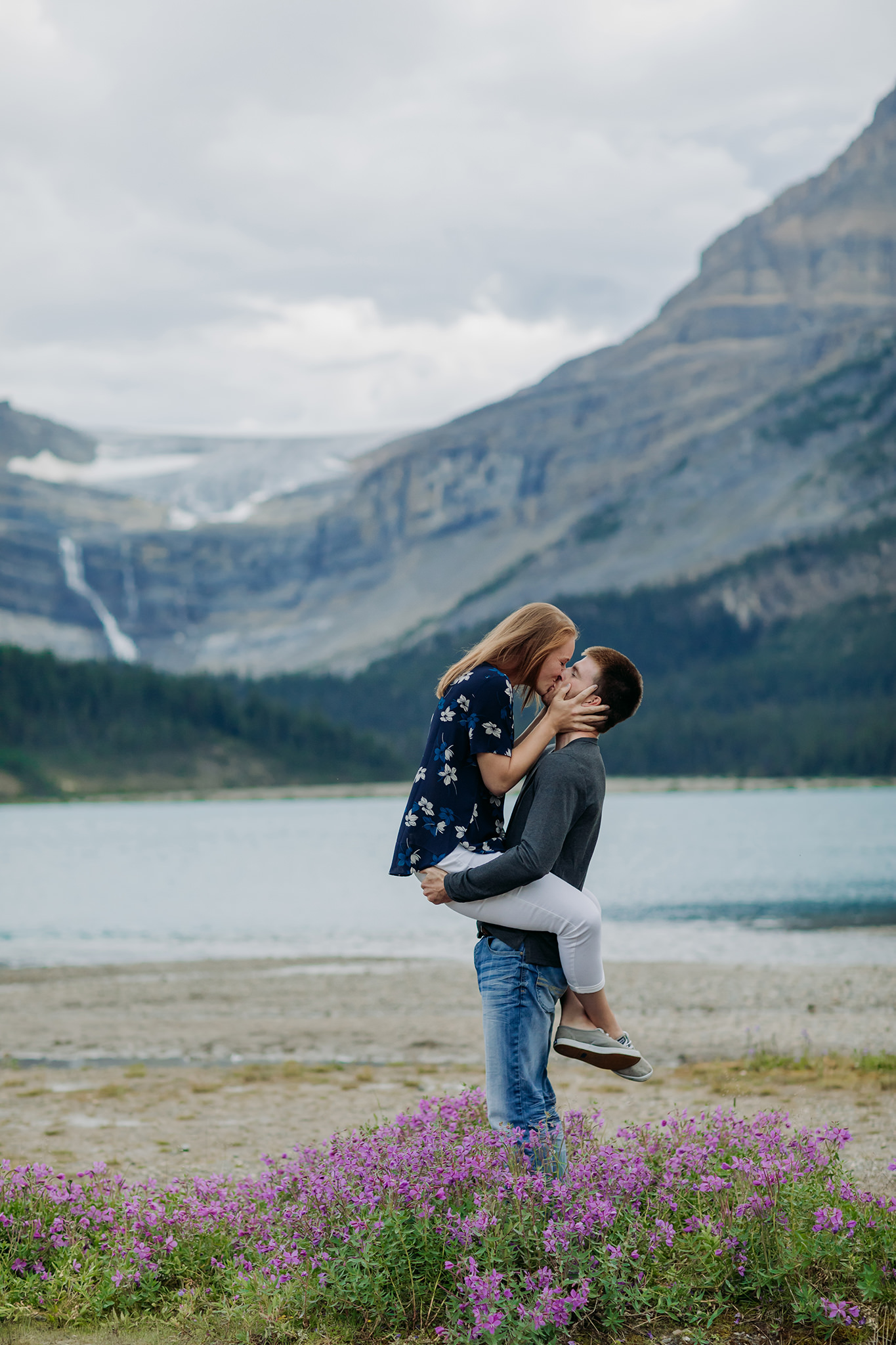 Bow Lake summer engagement photography session along Icefields Parkway in Banff National Park photographed by local engagement & elopement photographer ENV Photography
