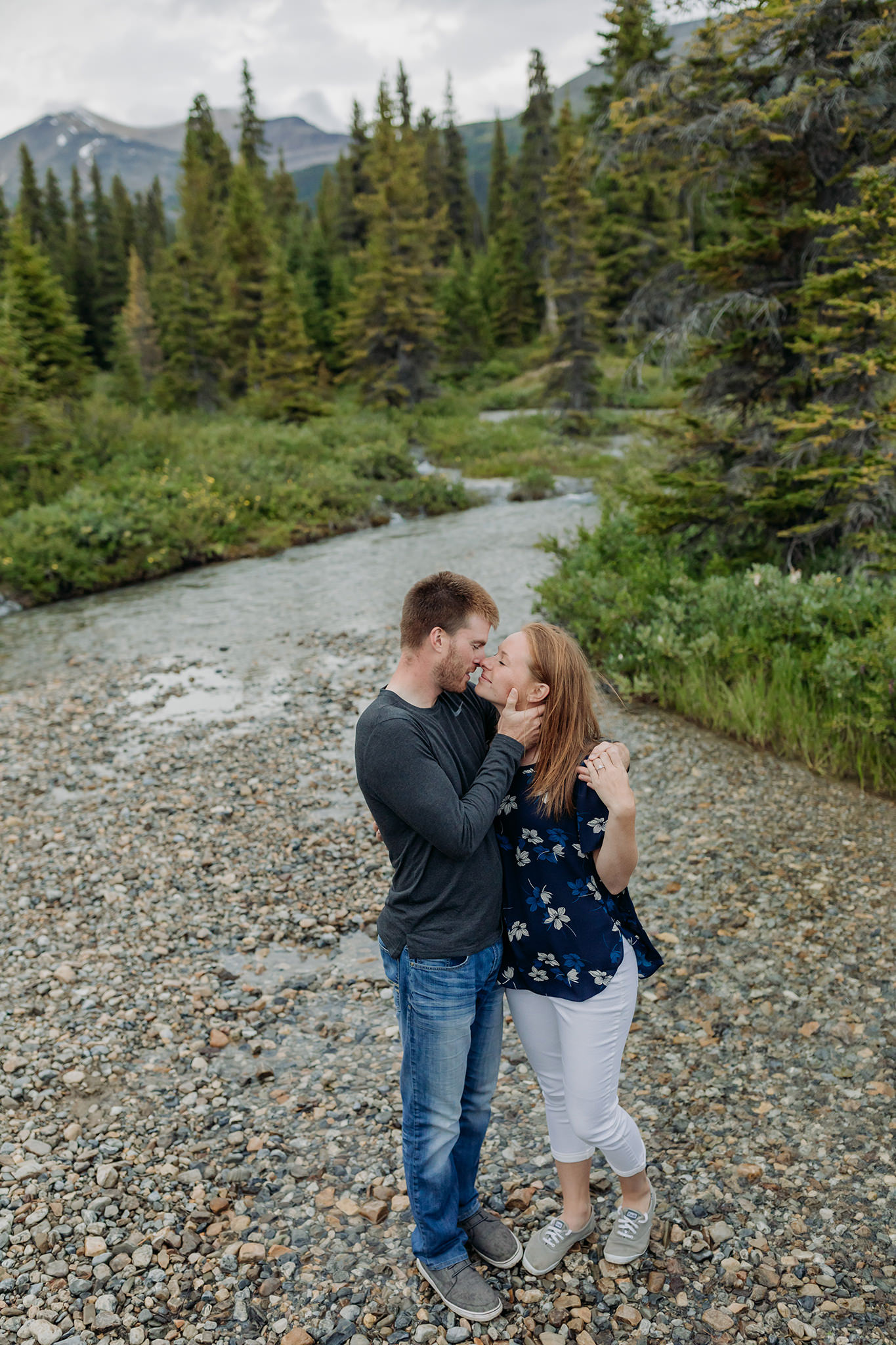 Bow Lake summer couples photography session along Icefields Parkway in Banff National Park photographed by local elopement photographer ENV Photography