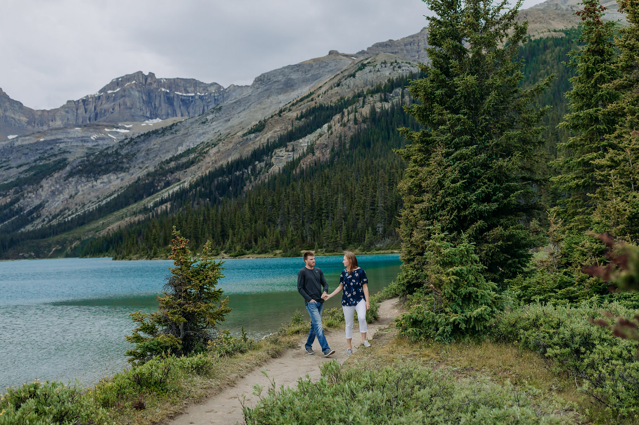 Bow Lake summer engagement photography session along Icefields Parkway in Banff National Park photographed by local elopement photographer ENV Photography