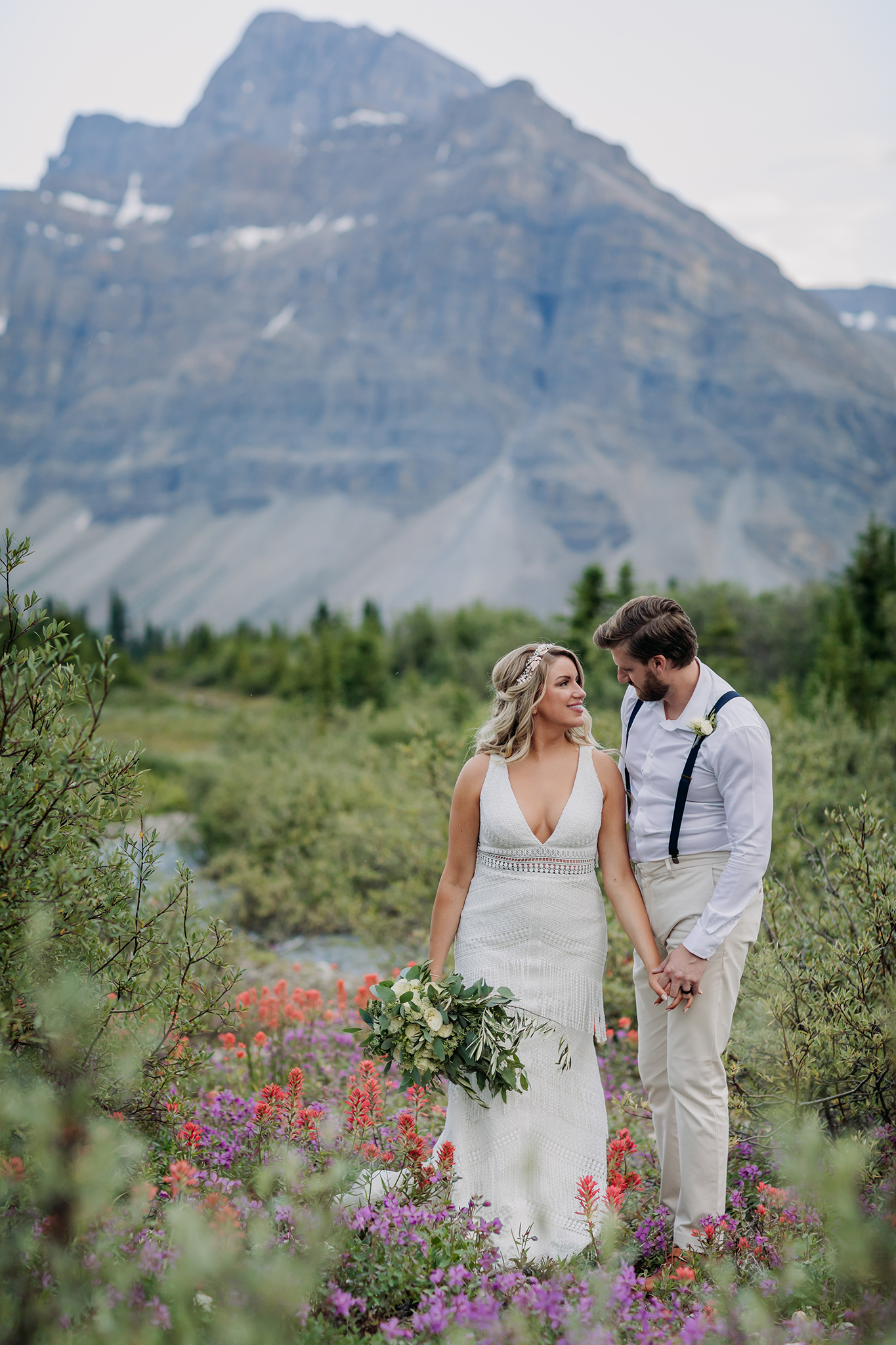 Icefields Parkway elopement in Summer with wildflowers & epic mountain views all around photographed by ENV Photography