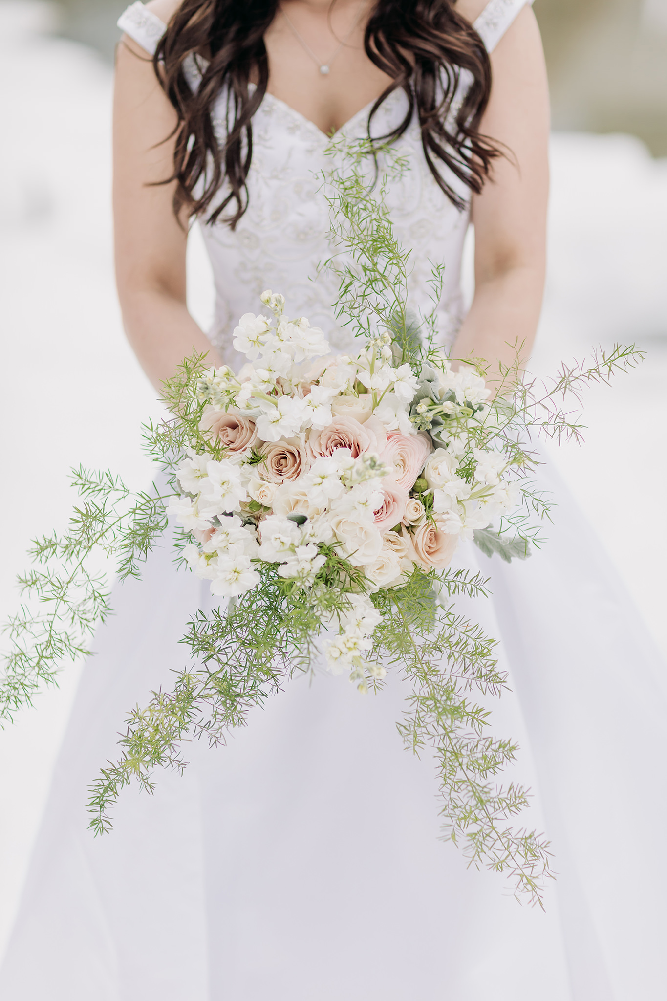 blush ivory & white wild cascading bridal wedding bouquet