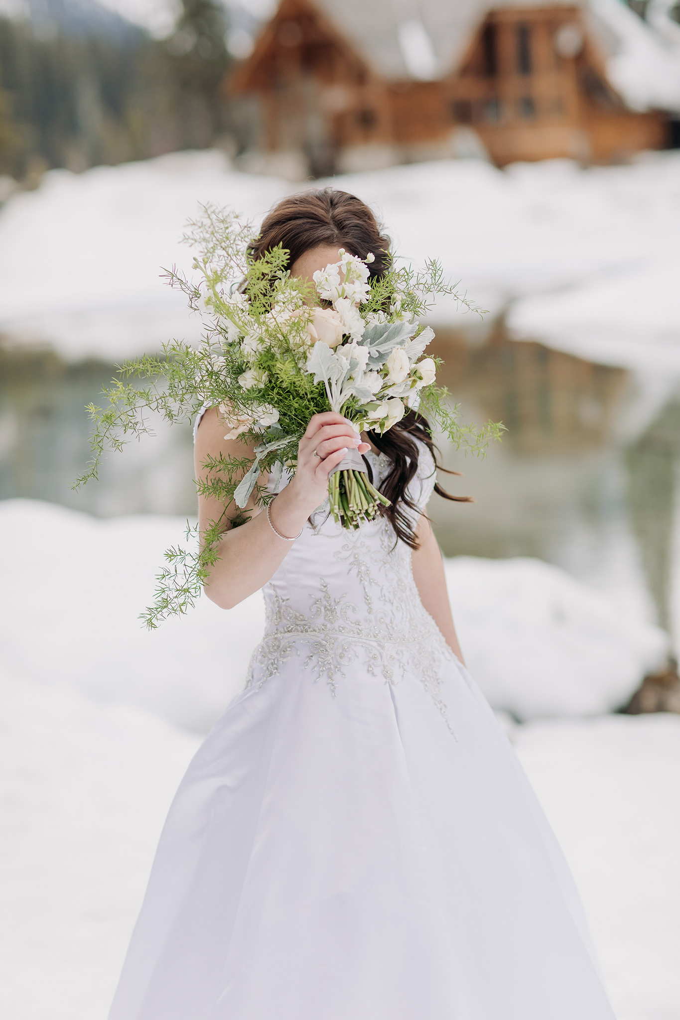 blush ivory & white wild cascading bridal wedding bouquet bride hiding