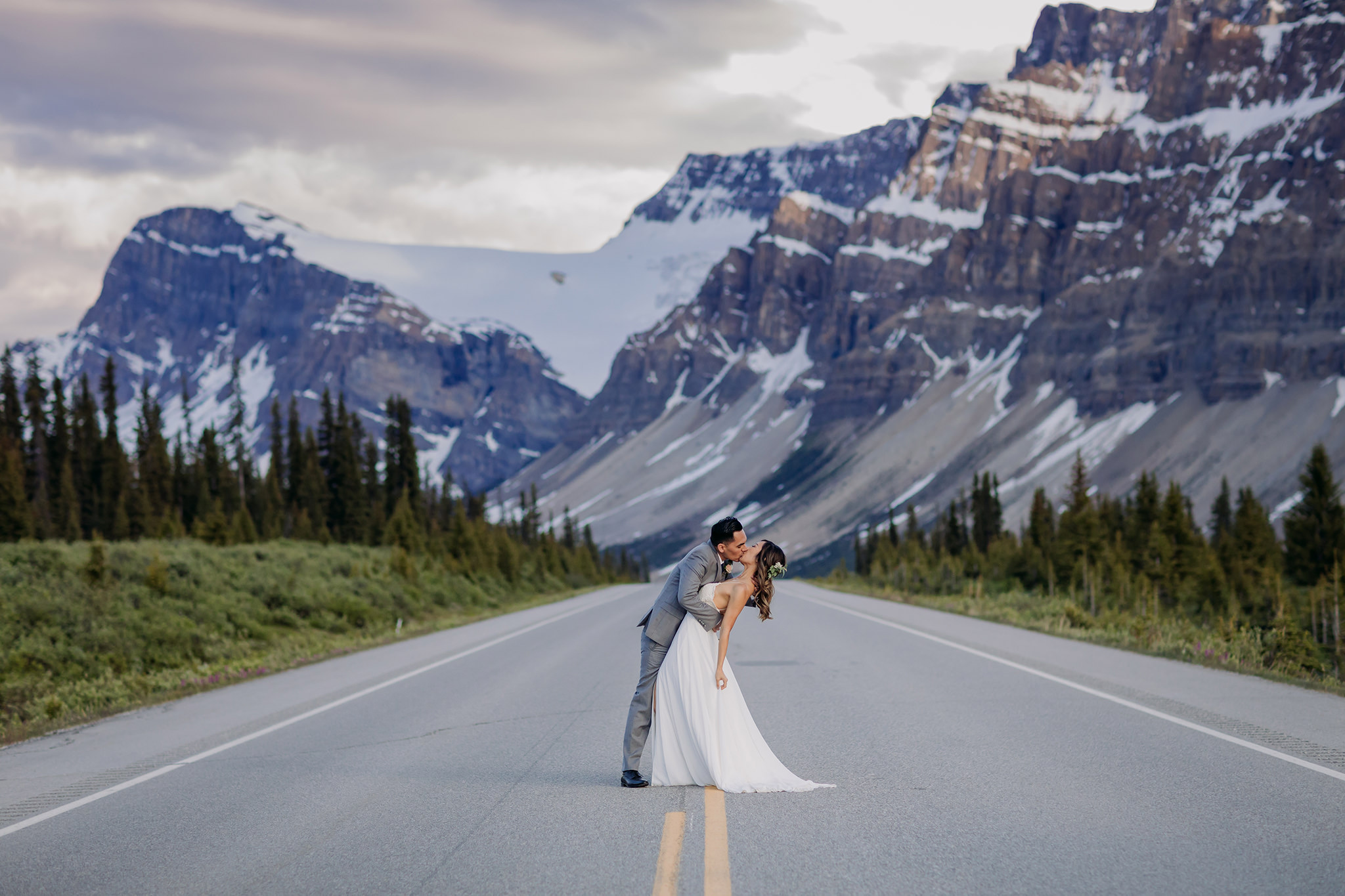 Icefields Parkway elopement highway mountain wedding portraits by Banff intimate wedding photographer ENV Photography