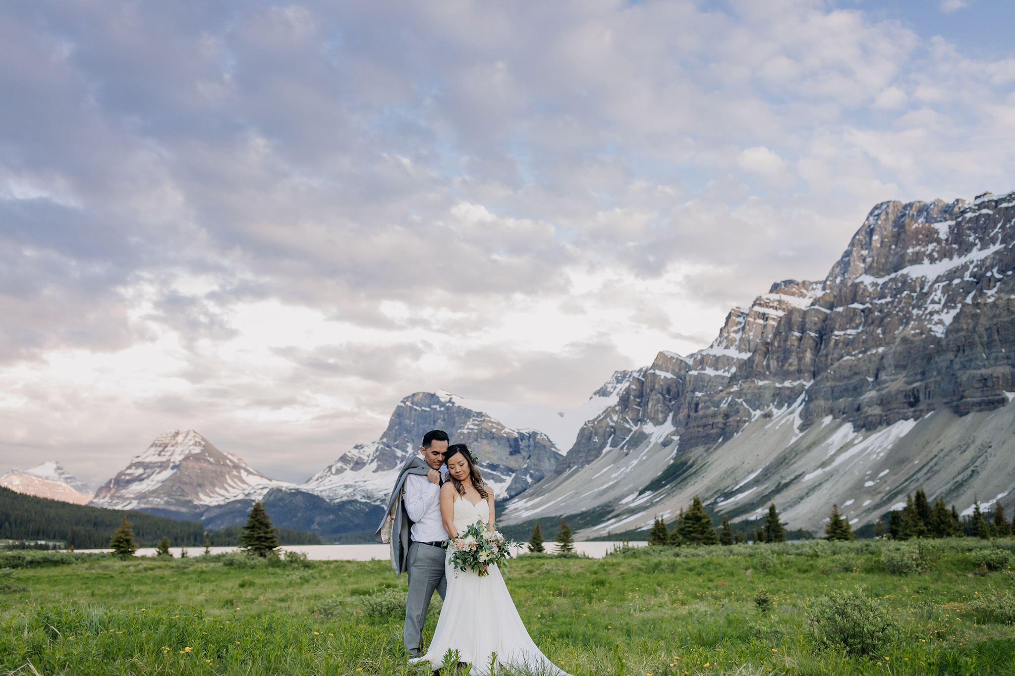 Icefields Parkway elopement bow lake mountain wedding portraits by Banff intimate wedding photographer ENV Photography