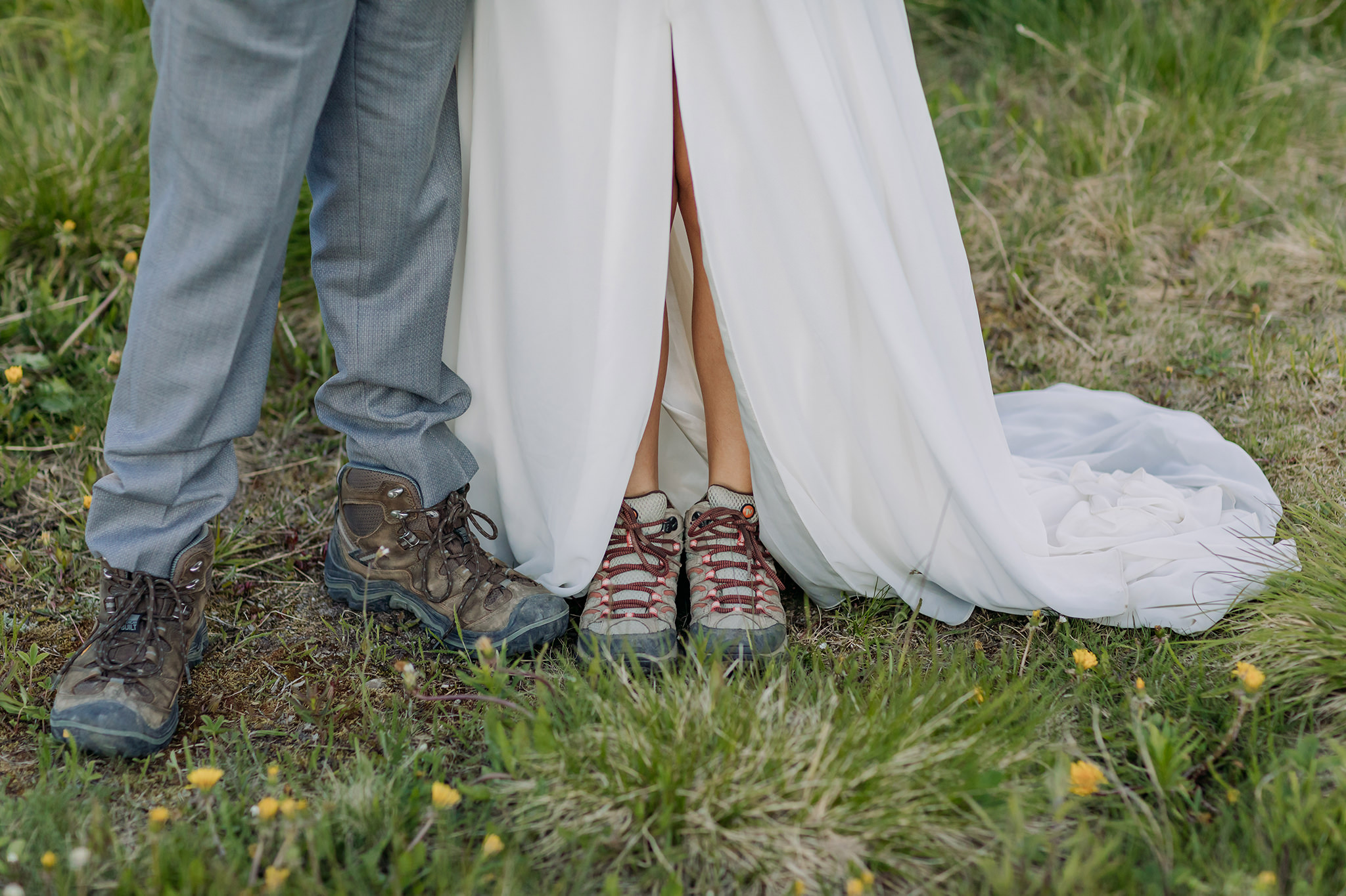 icefields parkway elopement bride & groom wearing hiking boots