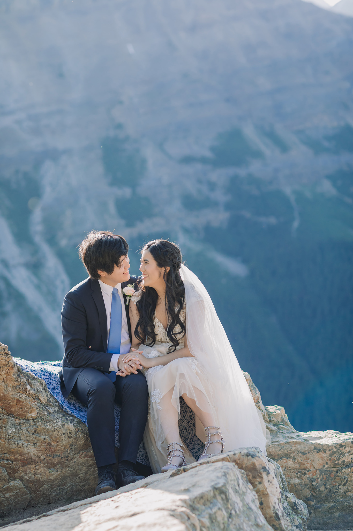 happy smiling bride groom portraits at Peyto Lake viewpoint in the evening in Banff National Park photographed by mountain elopement specialist ENV Photography