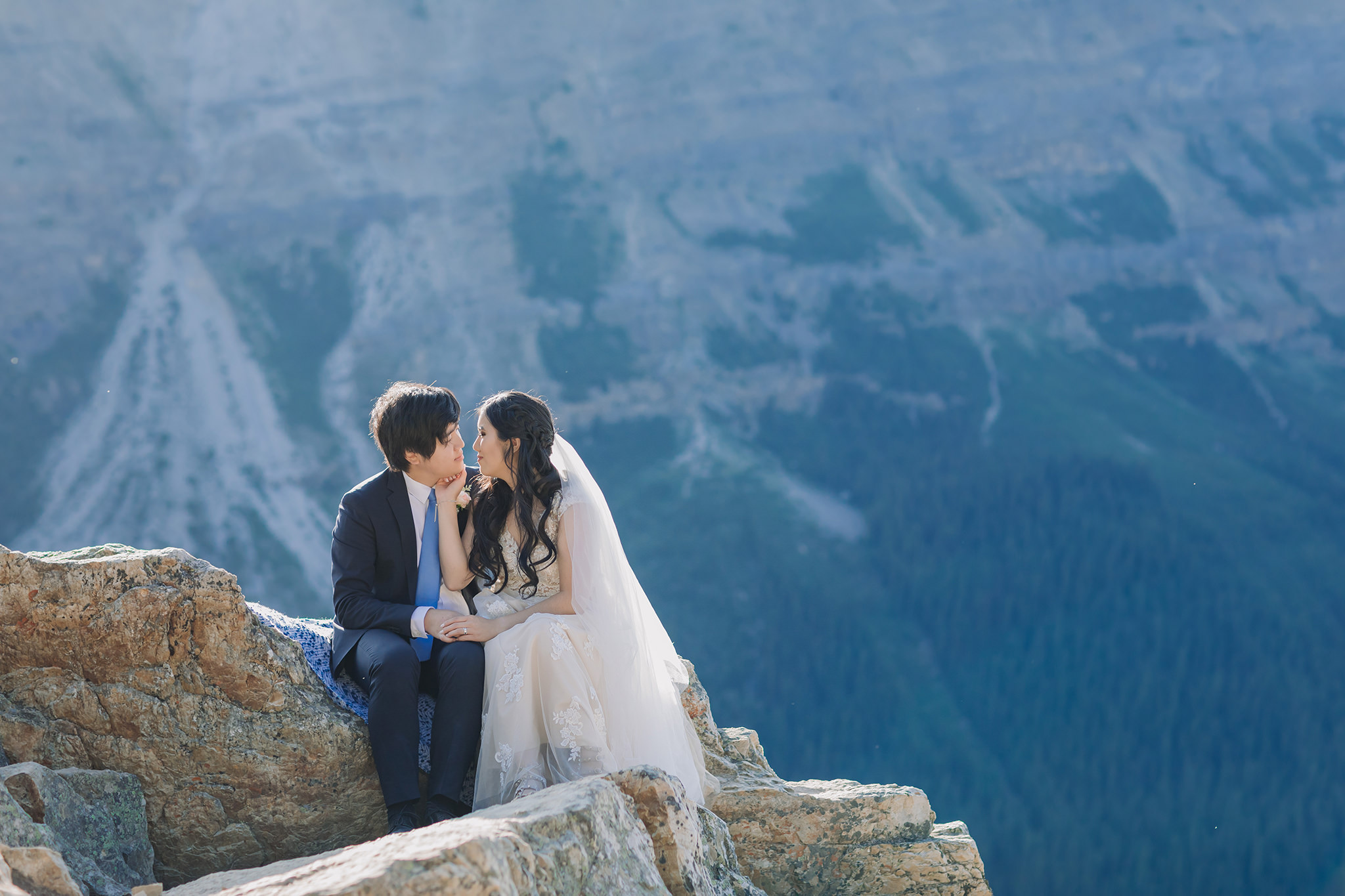 romantic bride groom portraits at Peyto Lake viewpoint in the evening in Banff National Park photographed by mountain elopement specialist ENV Photography