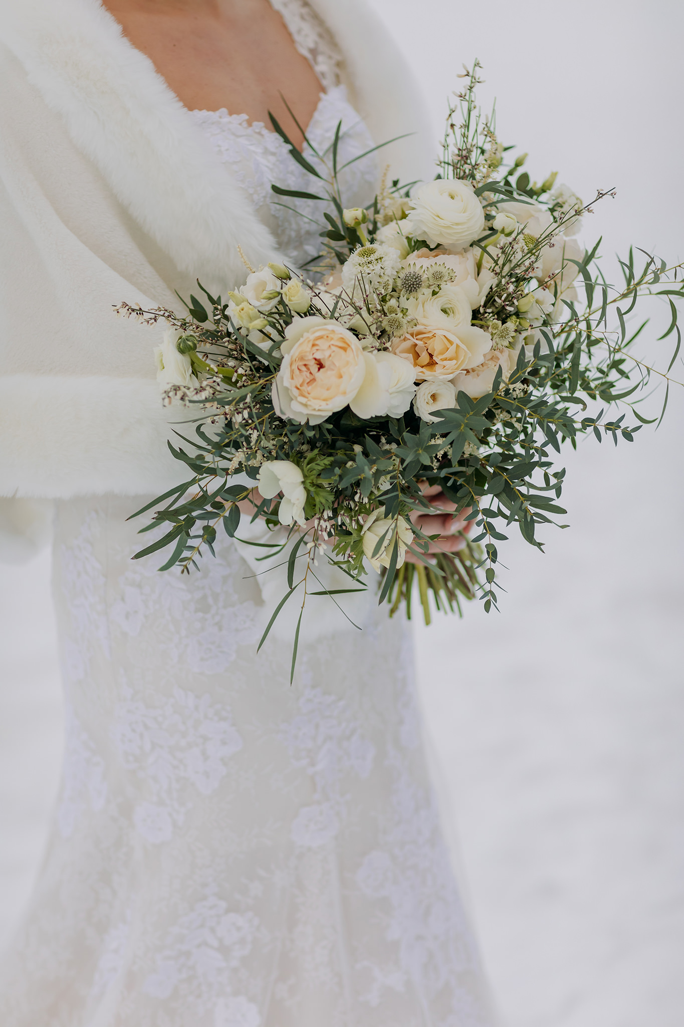 winter white wedding bouquet for mountain wedding