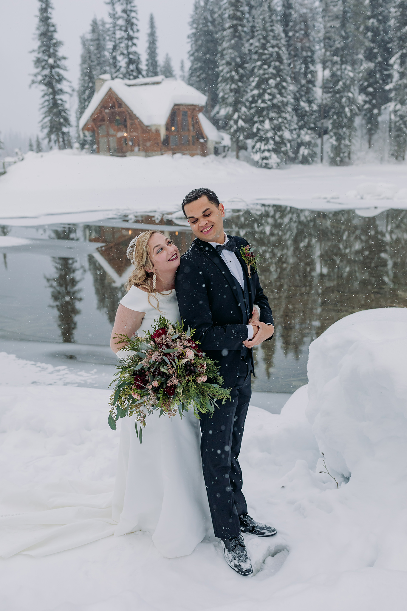 Emerald Lake Lodge winter wedding bride & groom photos