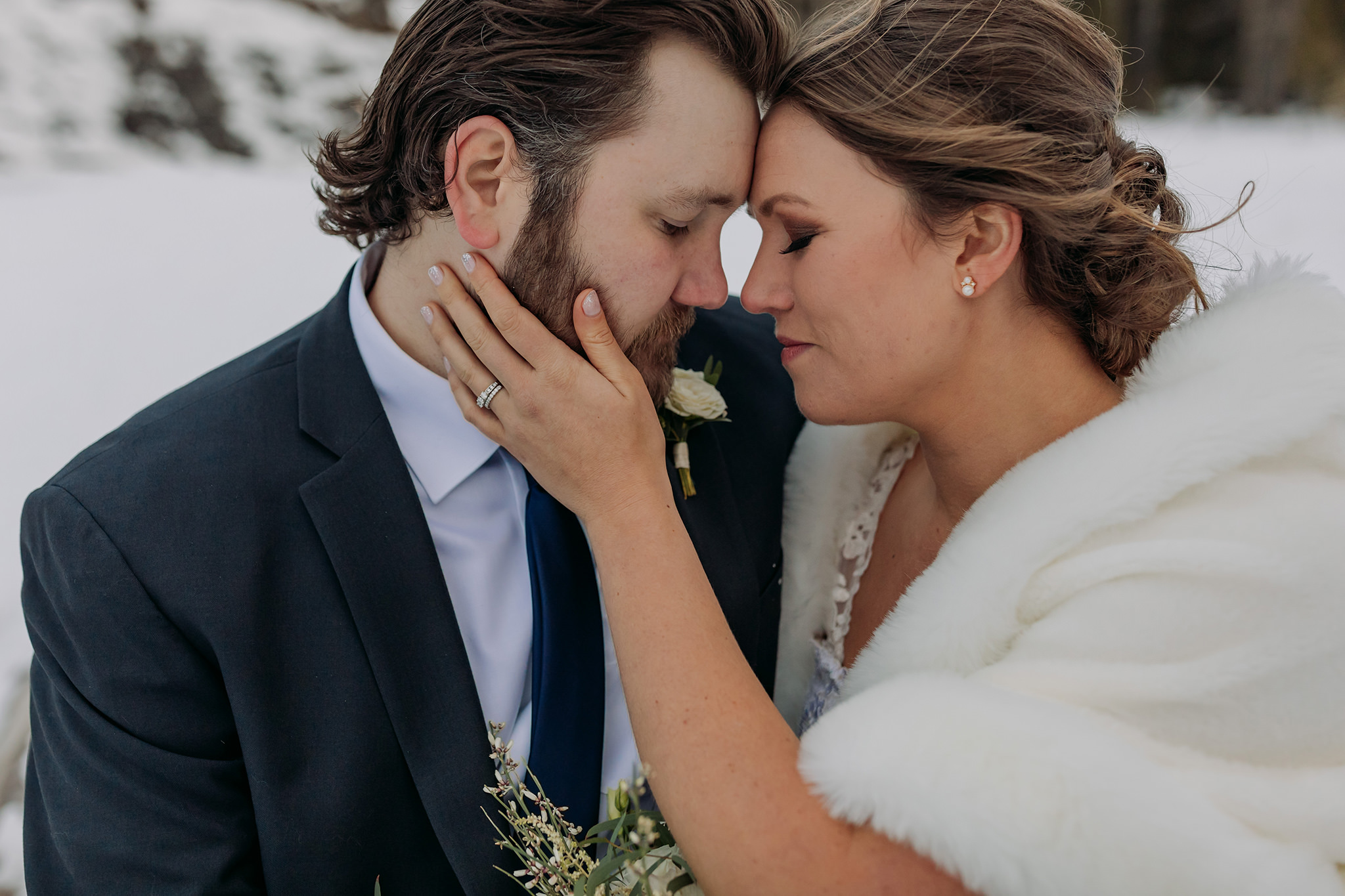 Bow Falls bride & groom portraits Winter mountain wedding photos by Banff Elopement Photographer ENV Photography
