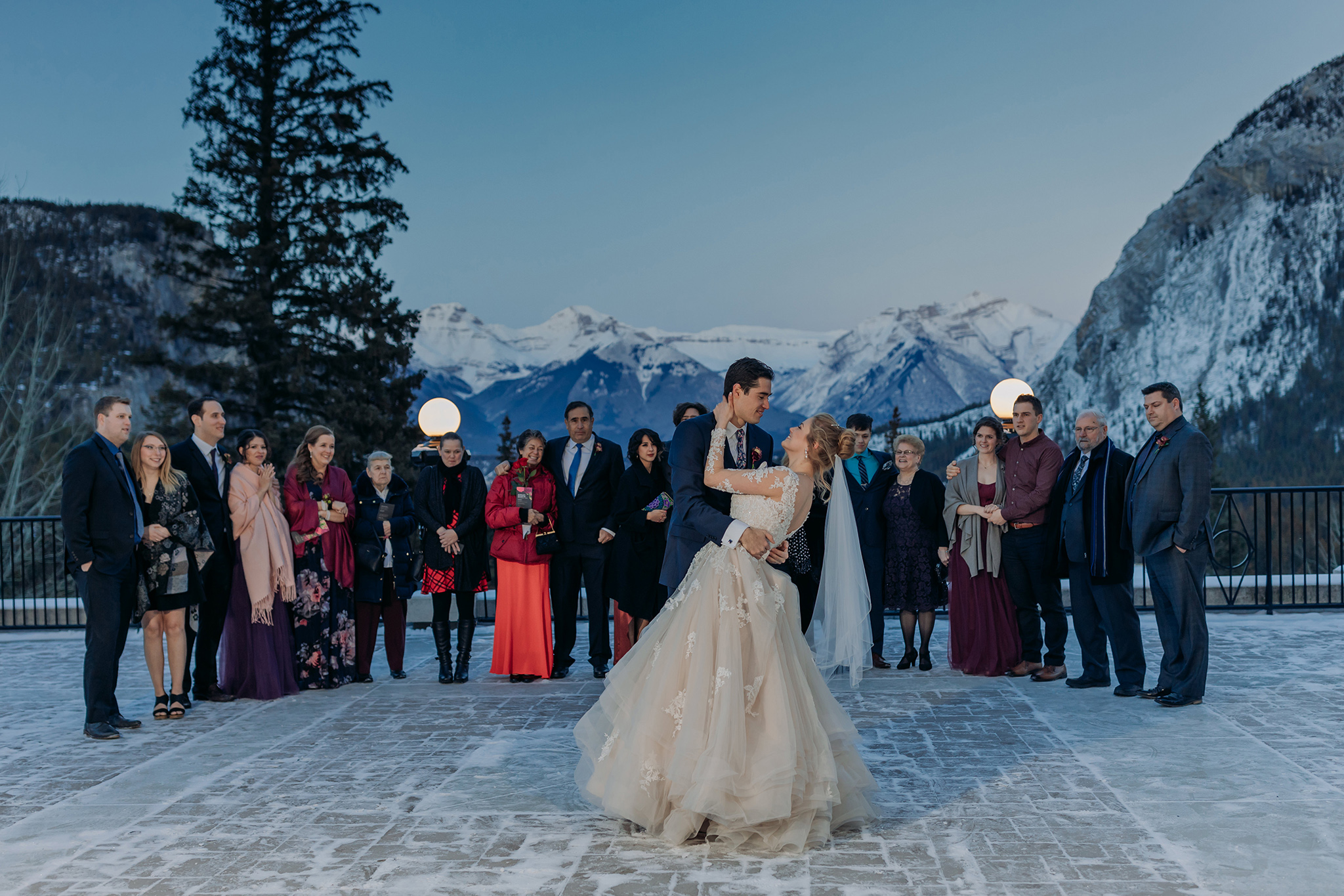 Intimate Mountain first dance outside on Terrace At Fairmont Banff Springs. Five reasons why running away to get married is the best!