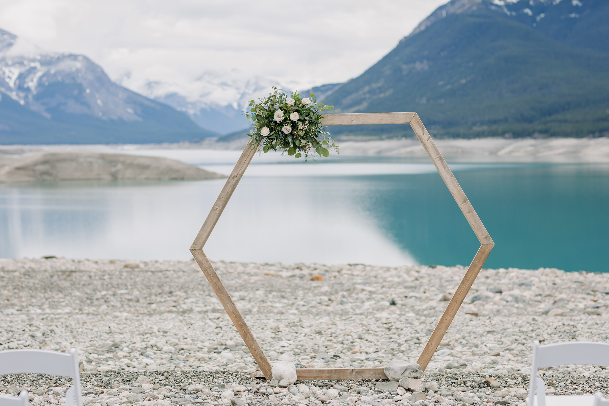 Abraham Lake Spring Mountain wedding geometric arch for wedding ceremony
