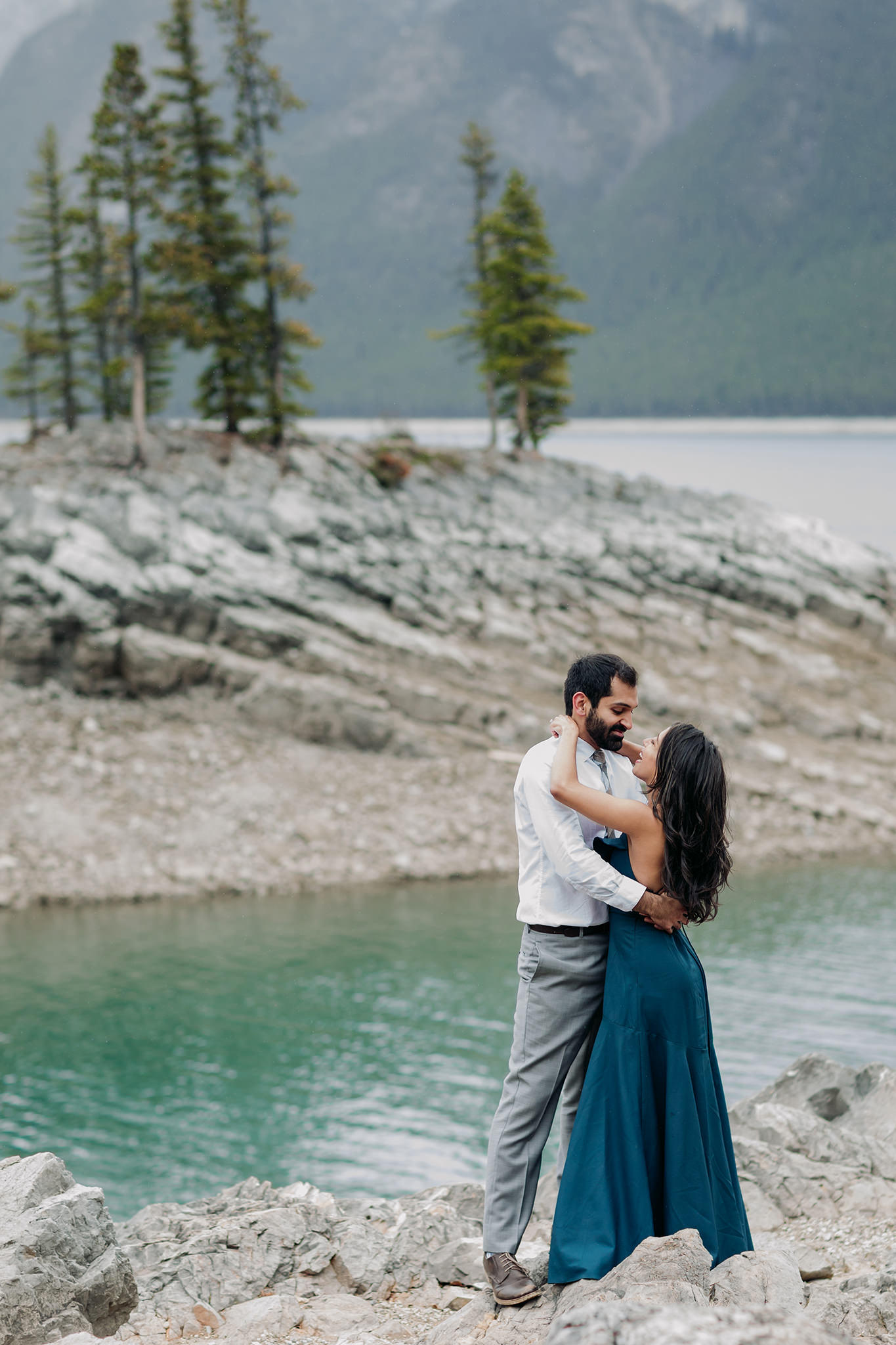 Lake Minnewanka engagement photos in Banff National Park