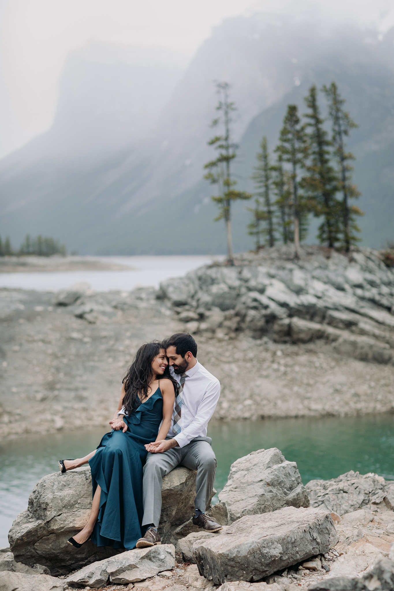 Lake Minnewanka engagement photos in Banff National Park