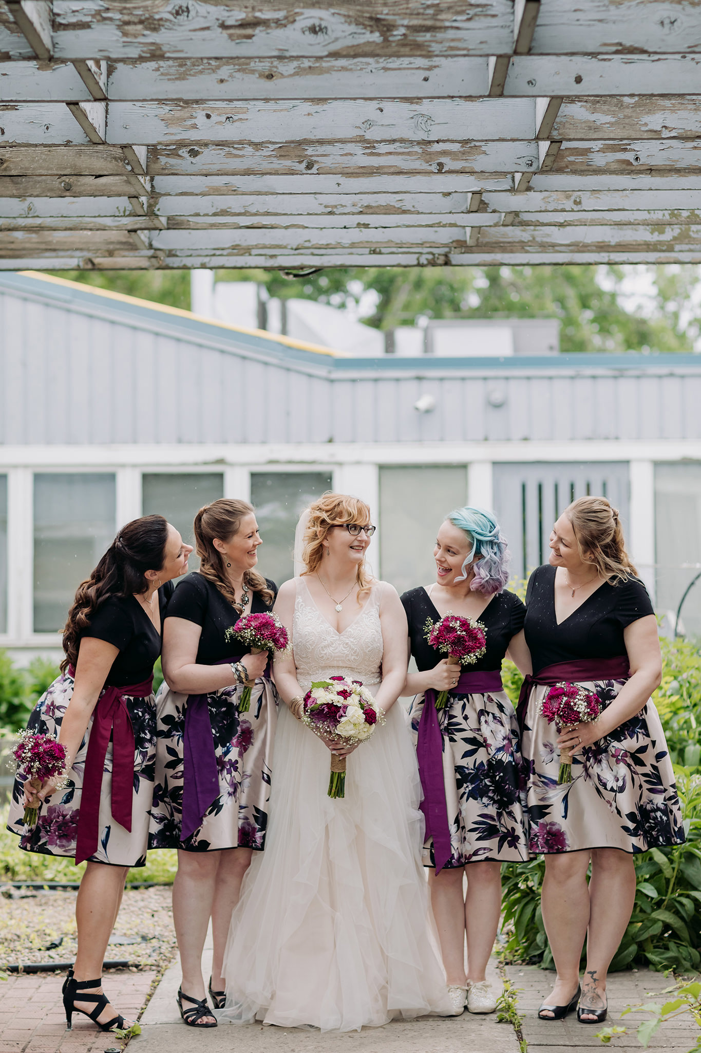 Calgary intimate wedding party portraits in the city with bridesmaids