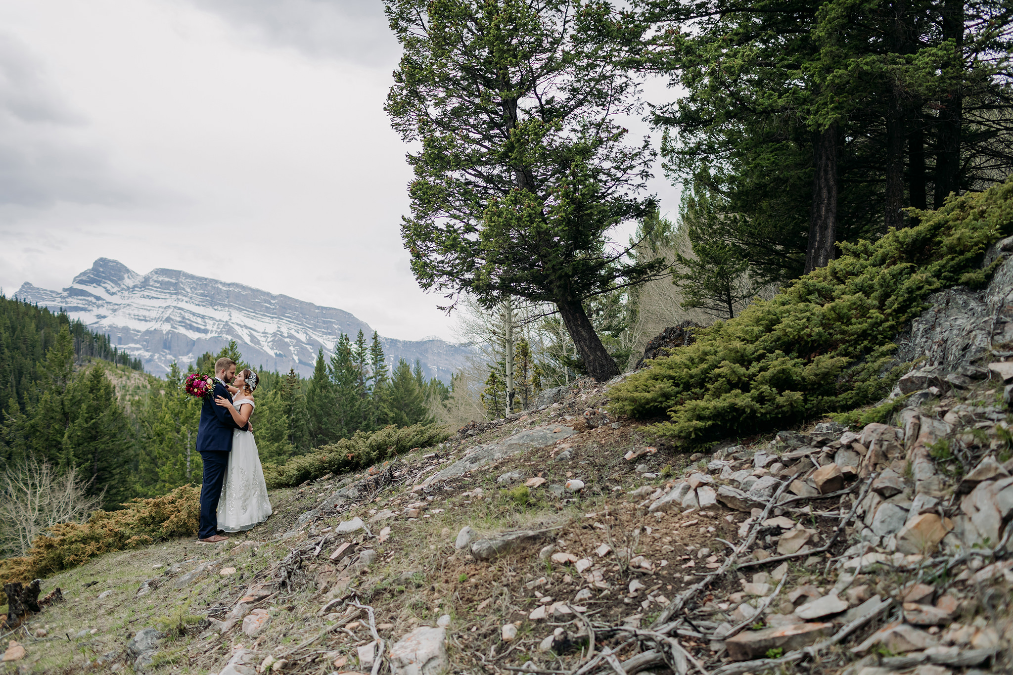 Banff mountain wedding portraits along the Minnewanka Loop