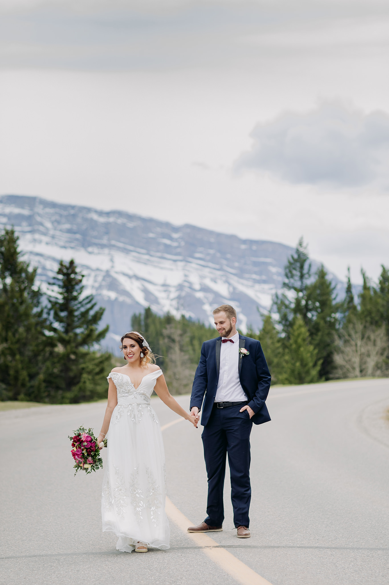 Banff mountain wedding portraits along the Minnewanka Loop