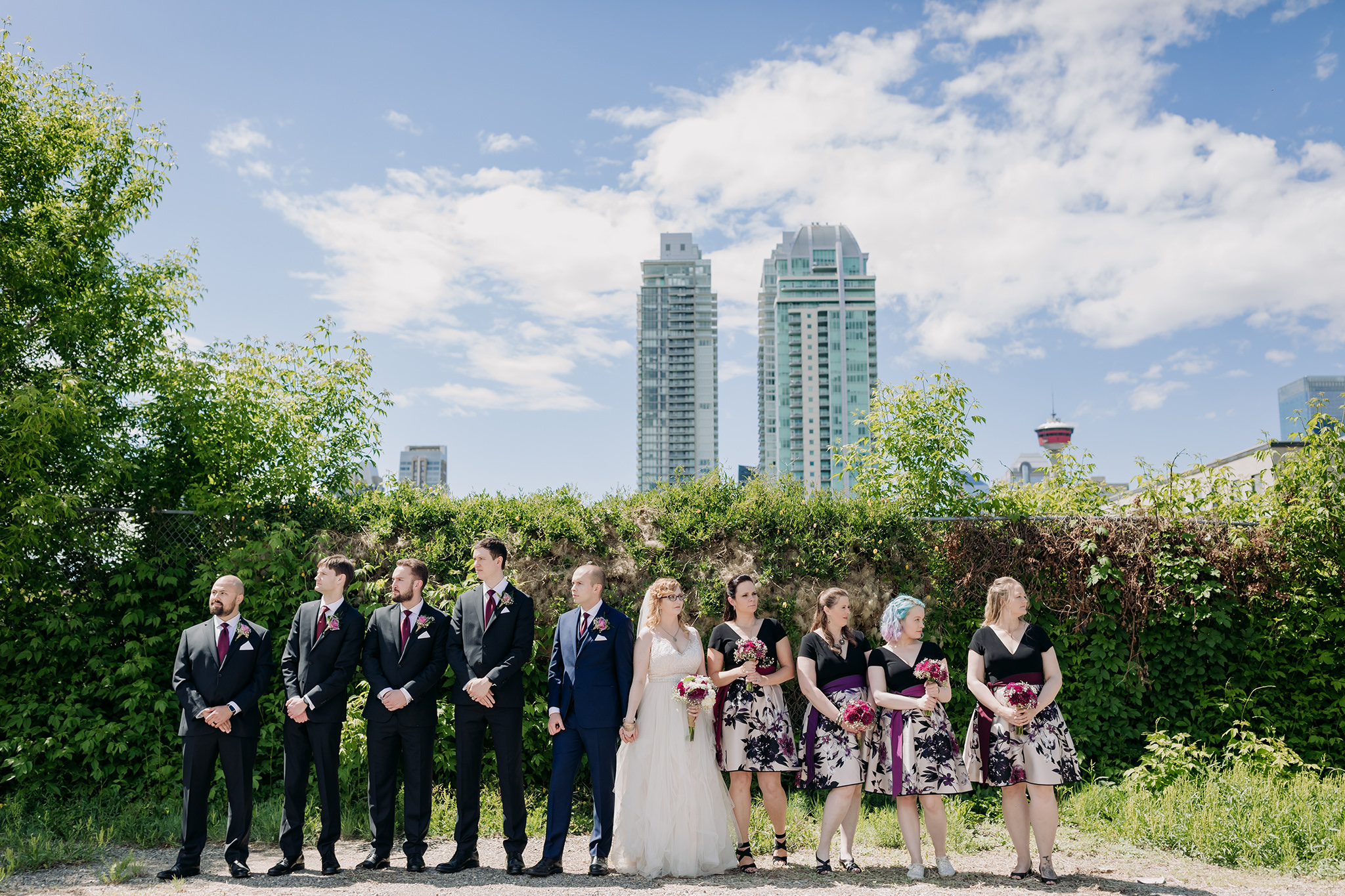 city skyline wedding party portrait