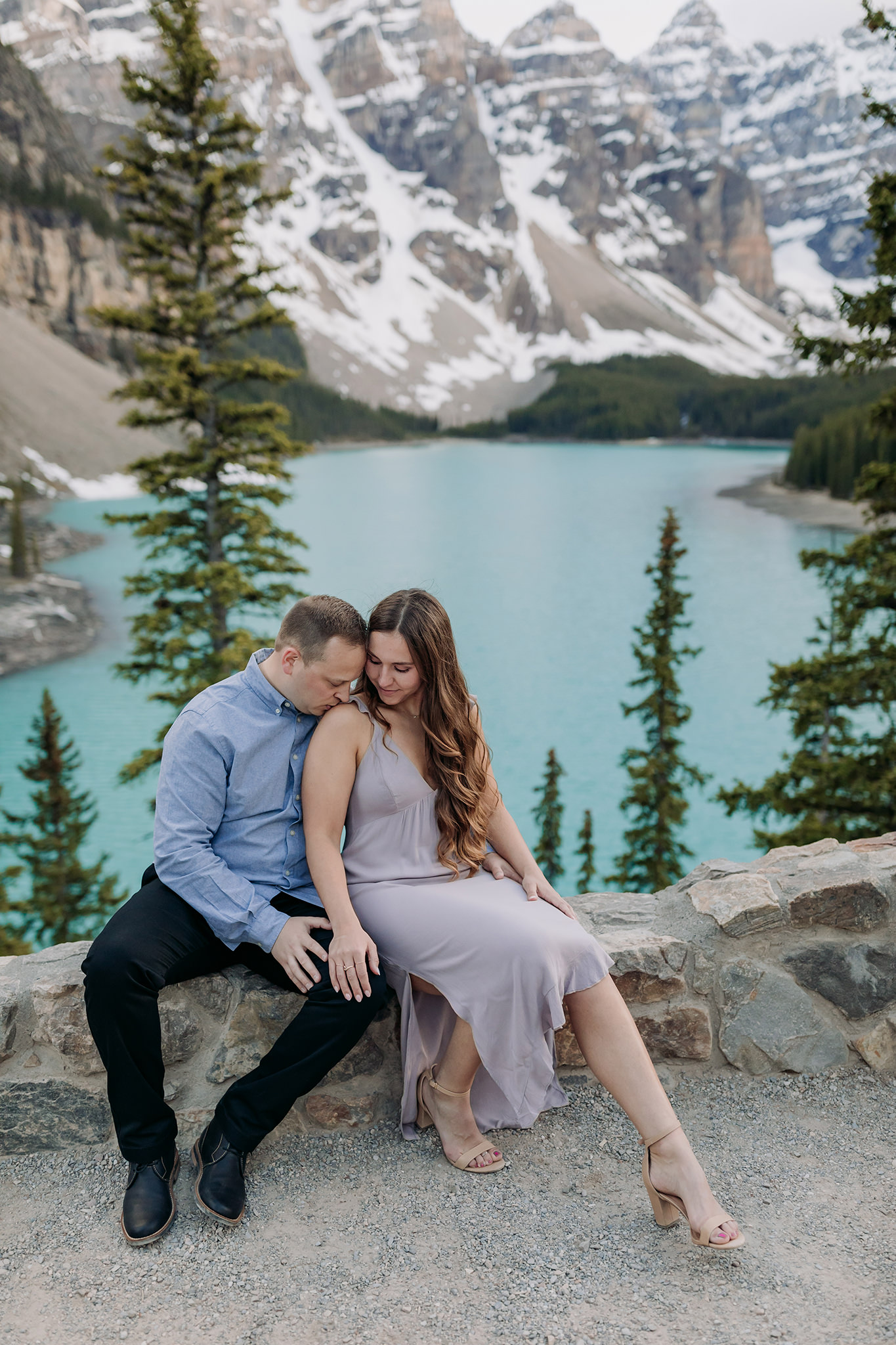 Moraine Lake summer engagement pictures in the mountains