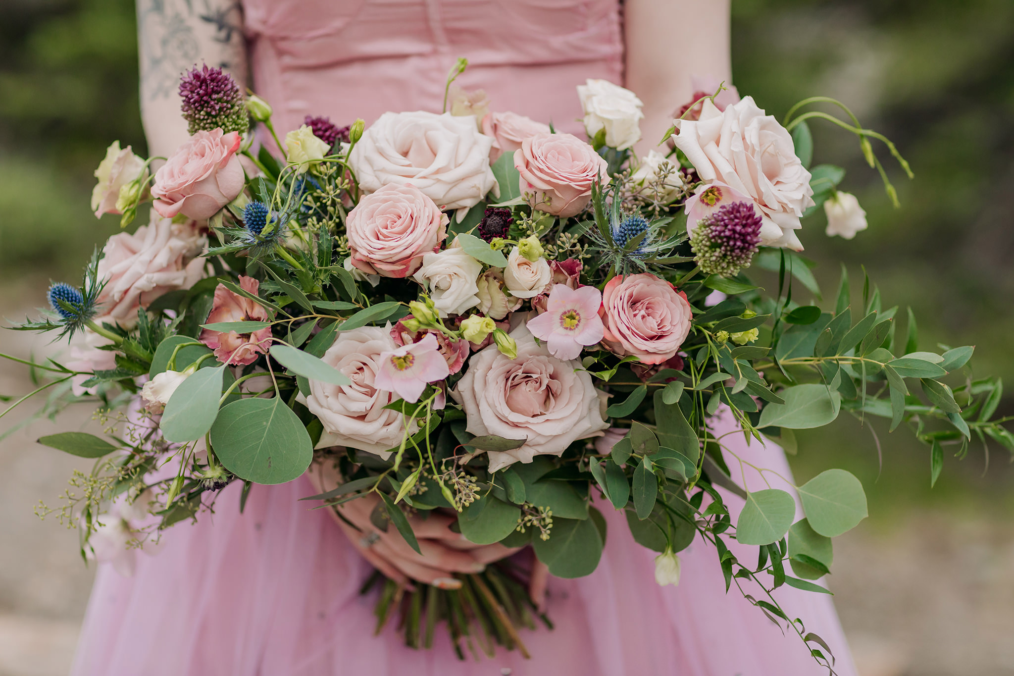 boho wedding bouquet with pink roses