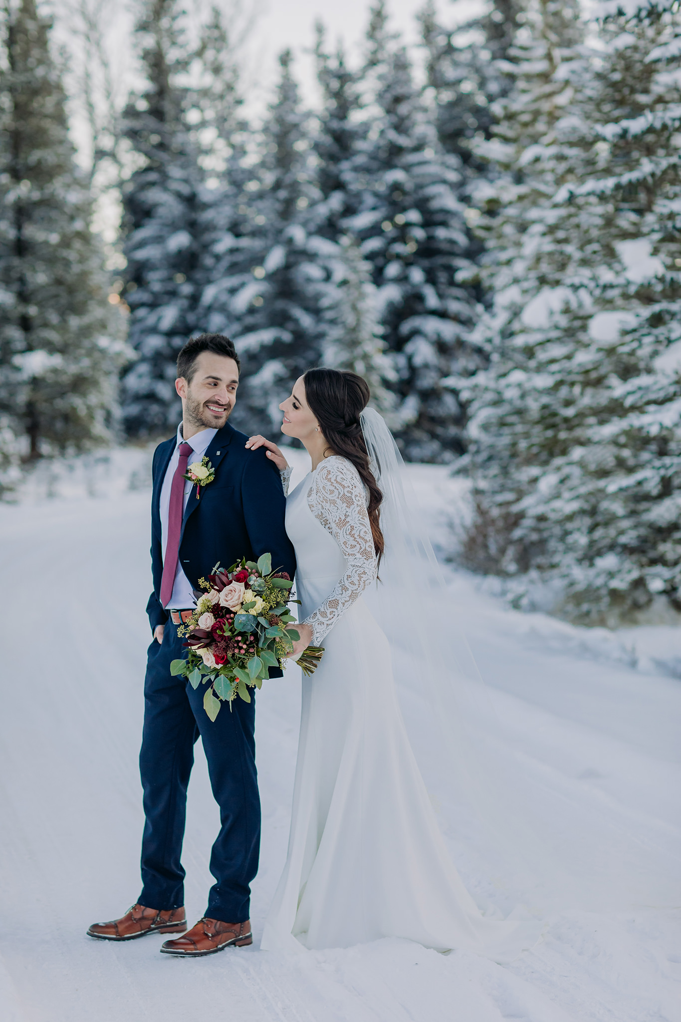 Upper Bankhead Banff mountain bride & groom photos in the snow