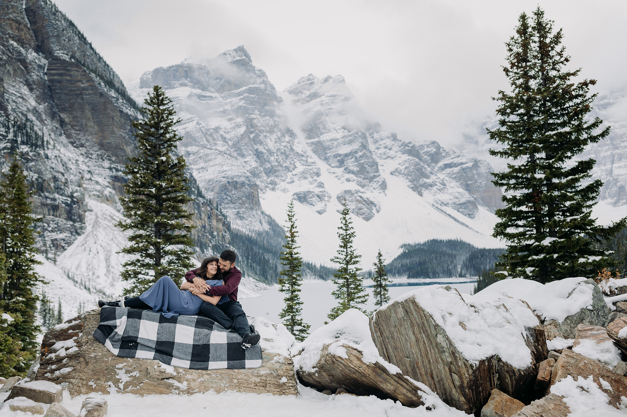 Rocky Mountain Engagement photography with fresh snow in Banff National Park