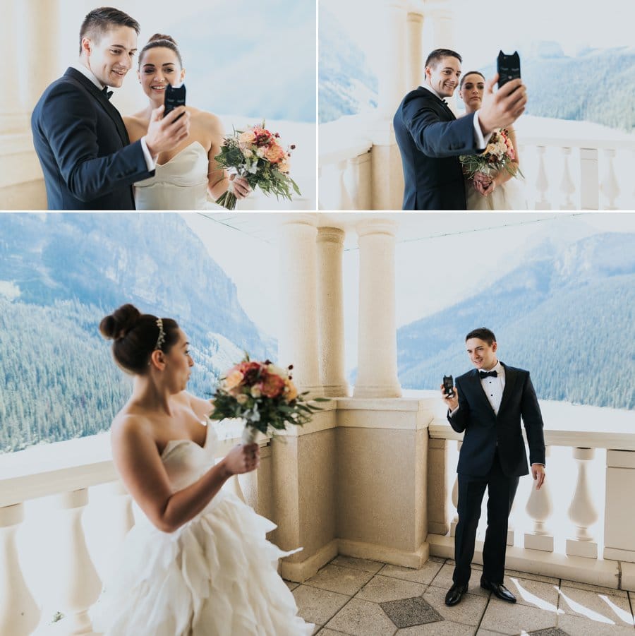 lake louise elopement wedding on the balcony at the Belvedere Suite with stunning mountain backdrop